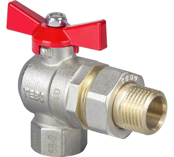 Изображение товара Кран шаровой полный проход c накидной гайкой TEBO ВН/НАР угловой 1/2" бабочка T-КШ.452.12.КБ.CN