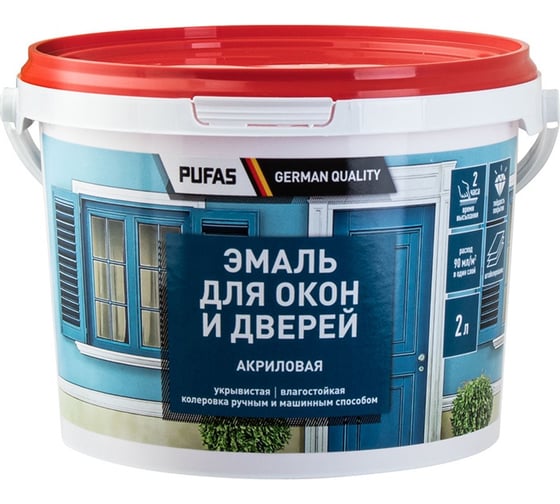 Изображение товара Акриловая эмаль Pufas универсальная для окон и дверей полуглянцевая, мороз. 2л тов-217190