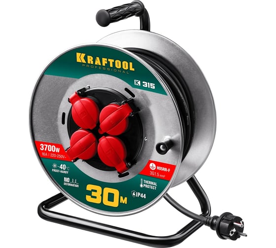 Изображение товара Удлинитель на катушке KRAFTOOL 30м, 3700Вт, 4 гнезда, IP44, КГ 3х1.5 кв.мм, 55085-30
