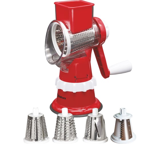 Изображение товара Терка-овощерезка Sakura SA-VS02R-4 красная, 4 насадки, увеличенная горловина РТ-00063468