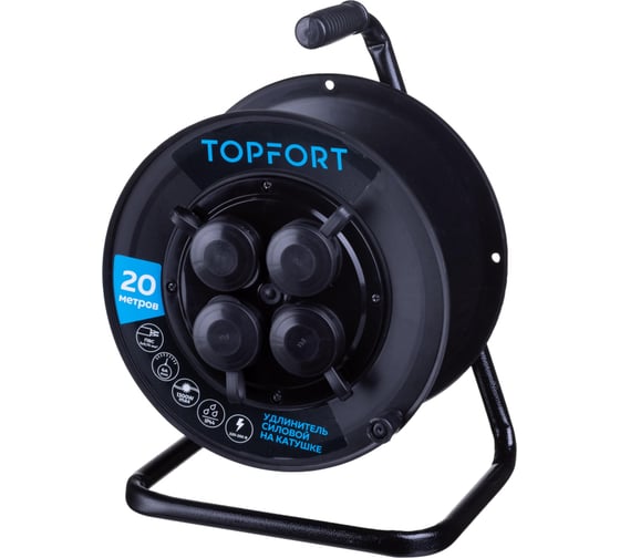 Изображение товара Удлинитель пластиковый Topfort ПВС 2x0,75 кв.мм 20м 6А 4 гн. б/з.,с/загл.,IP44 1959694