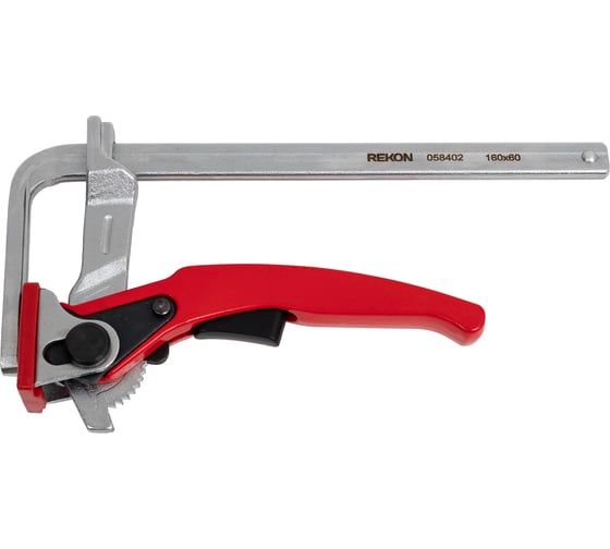 Изображение товара Цельнометаллическая рычажная струбцина для направляющих шин REKON RFG3-160-60 с храповиком 058402