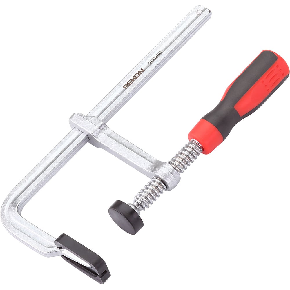 Изображение товара Цельнометаллическая струбцина с защитными колпачками REKON RF07-200-80 с эргономичной рукояткой из пластика 058206