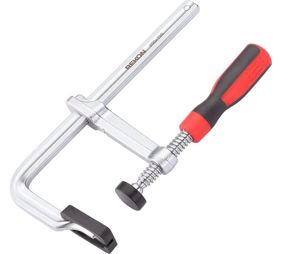 Изображение товара Цельнометаллическая струбцина с защитными колпачками REKON RF07-200-100 с эргономичной рукояткой из пластика 058211