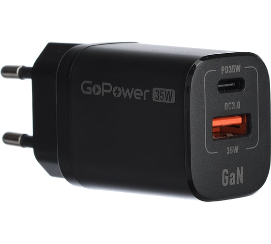 Изображение товара Сетевое З/У GoPower GPQC09 1USB+1Type-C 35W QC3.0 GAN черный 00-00028403