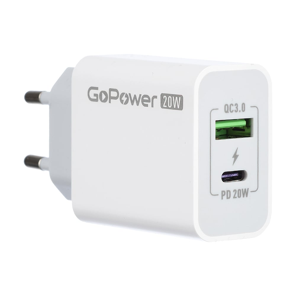 Изображение товара Быстрое сетевое зарядное устройство GoPower GPQC08 20W 2 разъема белое