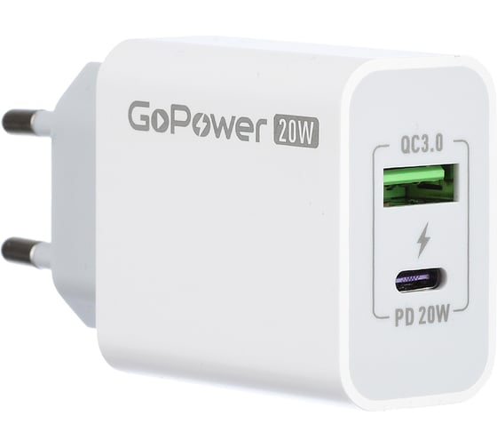 Изображение товара Сетевое З/У GoPower GPQC08 1USB+1Type-C 20W QC3.0 белый 00-00028401
