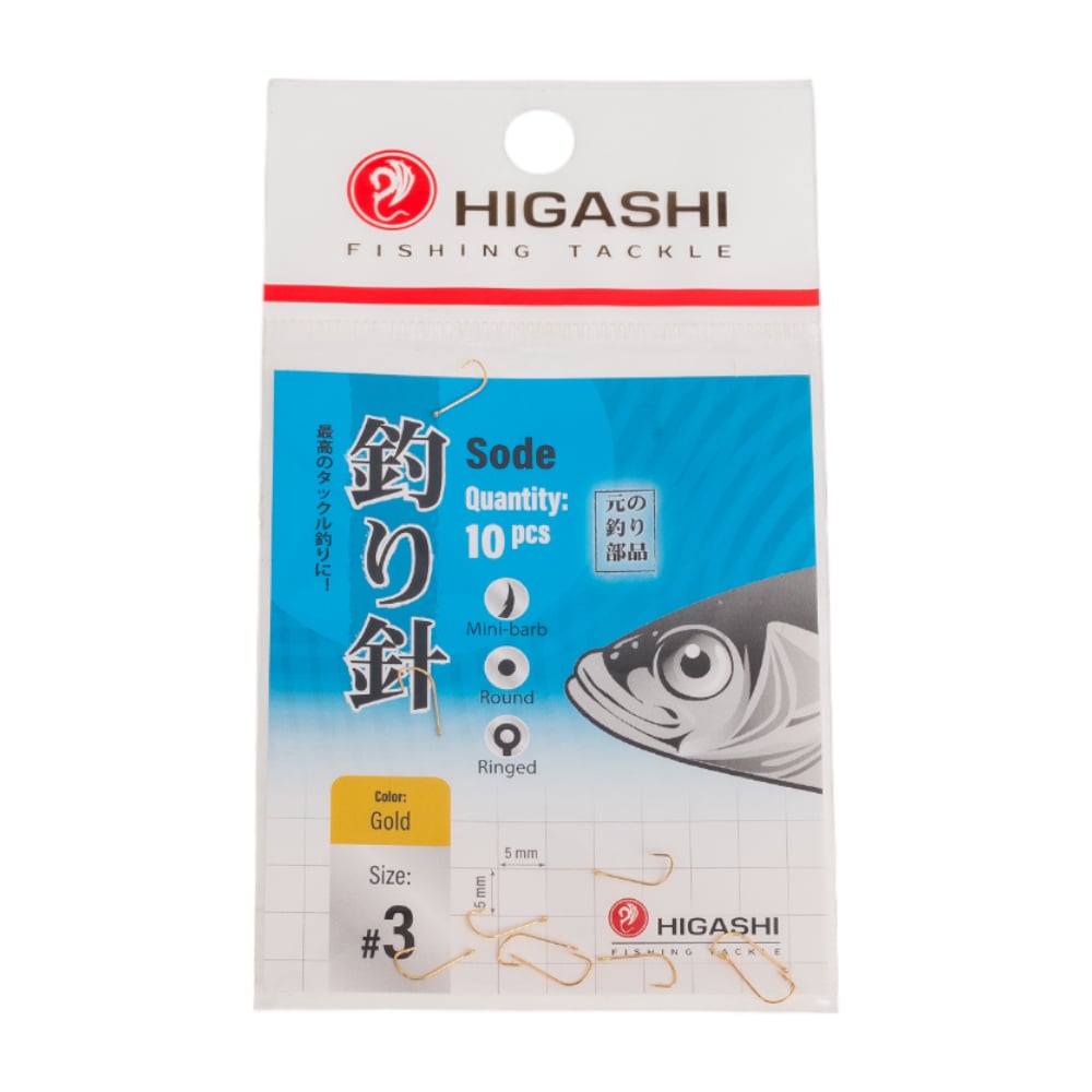 Изображение товара Крючок HIGASHI Sode ringed #3 Gold 03673 - прочный металлический рыболовный крючок в упаковке