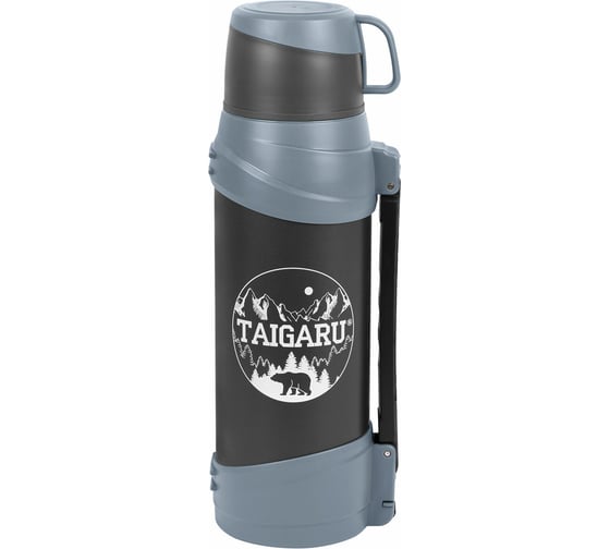 Изображение товара Термос классический ОФИСМАГ Taigaru нержавеющая сталь, 2 л, черно-серый, 2 кружки, ручка + ремешок 608818