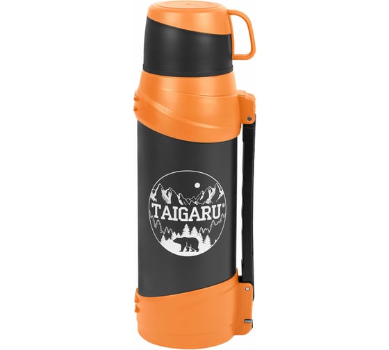 Изображение товара Термос классический ОФИСМАГ Taigaru нержавеющая сталь, 2 л, оранжево-серый, 2 кружки, ручка + ремешок 608817