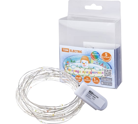 Изображение товара Светодиодная гирлянда TDM ELECTRIC Роса 50, 50LED, 5м, многоцветная, 2хCR2032 SQ0361-0060