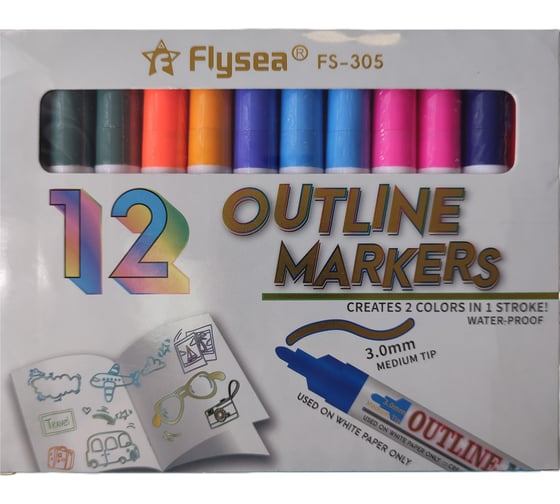 Изображение товара Набор двухцветных контурных маркеров с золотом Flysea Outline Marker упаковка 12 штук FS-305