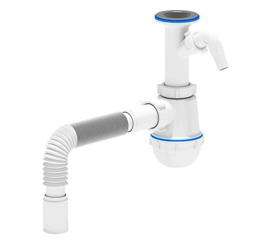 Изображение товара Сифон для умывальника/мойки АНИ Пласт бутылочный, литой выпуск, 1 1/2x40, гофра, 40х40, с отводом, нержавеющая сетка A2005 025-0414