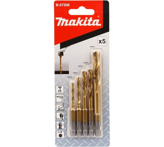 Изображение товара Набор ударных сверл по металлу HSS-TiN 1/4", 5 шт Makita B-57308