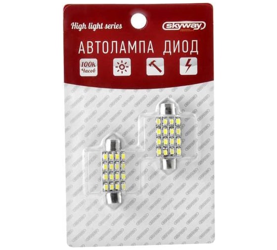 Изображение товара Автолампа диод SKYWAY T11C5W 12V 16 SMD блистер c цоколем 41мм 1-контактная белая салон, номер S08201159