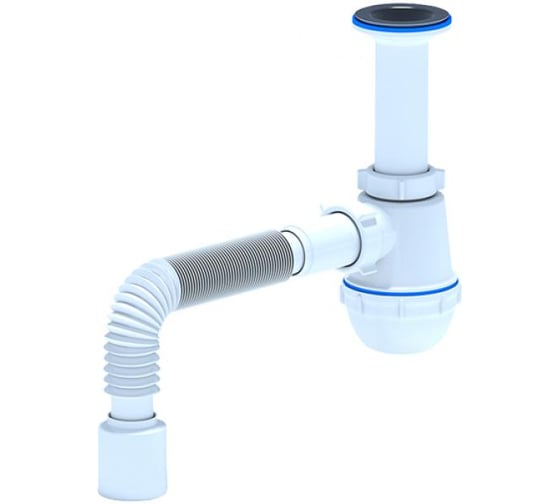 Изображение товара Сифон для мойки АНИ Пласт бутылочный, литой выпуск, 1 1/2x40, гофра, 40х40/50, нержавеющая сетка A0515 025-0358