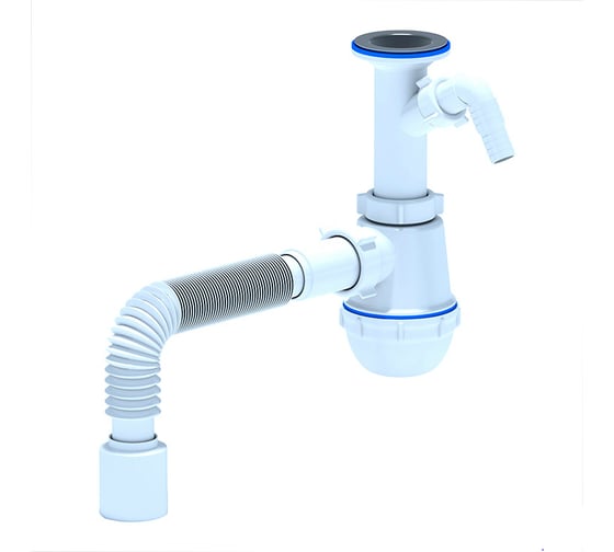 Изображение товара Сифон для умывальника/мойки АНИ Пласт бутылочный, литой выпуск, 1 1/2x40, гофра, 40х50, с отводом, нержавеющая сетка A2010 025-0415