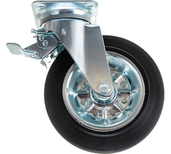 Изображение товара Опора колесная поворотная с тормозом (200 мм; 230 кг; черная полуэластичная резина) Longway SRCb 80