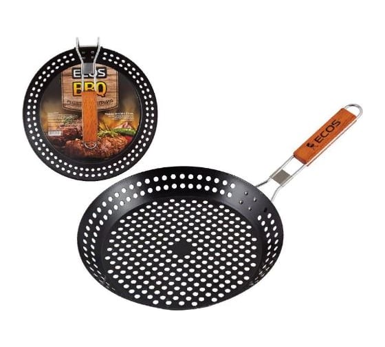 Изображение товара Круглая решетка для гриля Ecos 24031D с антипригарным покрытием и деревянной ручкой, 30х30х5см 999626