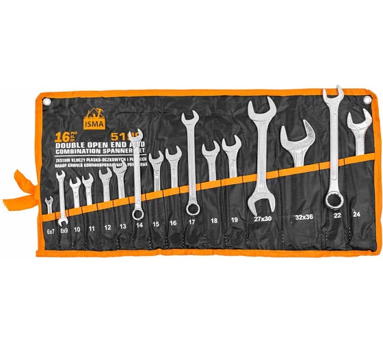 Изображение товара Набор рожковых и комбинированных ключей ISMA 6x7, 8x9, 10-19, 22, 24, 27x30, 32x36 мм, 16 предметов ISMA-5199(59188)