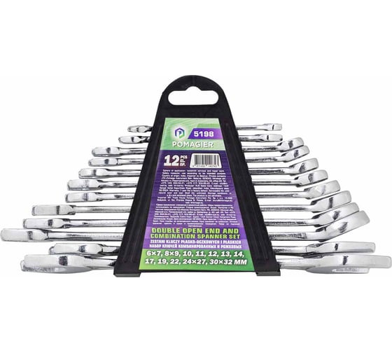 Изображение товара Набор комбинированных и рожковых ключей POMAGIER 6x7, 8x9, 10, 11, 12, 13, 14, 17, 19, 22, 24x27, 30x32 мм, 12 предметов в пластиковом держателе POM-5198(57292)