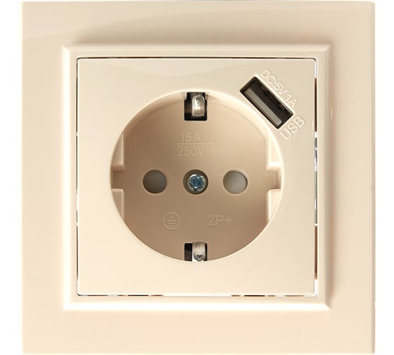 Изображение товара 1-местная розетка STEKKER с заземлением 220В 16А с защитными шторками USB серия Эрна, слоновая кость PST16-901-02 39237