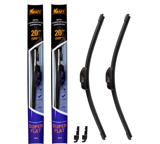 Изображение товара Комплект бeскаркасных щеток стеклоочистителя KRAFT TEFLON 500/500 мм, 2 адаптера KT 830877