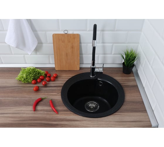 Изображение товара Кухонная мойка из искусственного камня Alcora Рондо 440х440 мм, черный с сифоном 0000000639S4