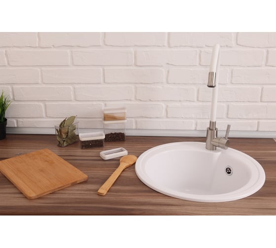 Изображение товара Кухонная мойка из искусственного камня Alcora Рондо Круглая мойка, цвет белый снег, сифон в комплекте, с отверстием под смеситель S-4/L02