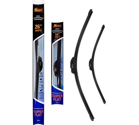 Изображение товара Комплект бeскаркасных щеток стеклоочистителя KRAFT TEFLON 650/340 мм, 1 адаптер KT 830876