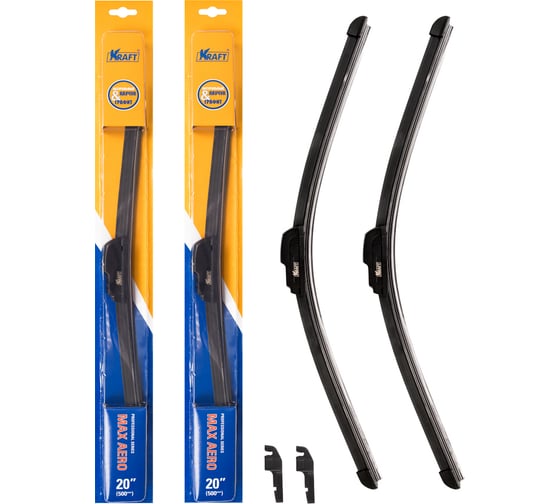 Изображение товара Комплект бескаркасных щеток стеклоочистителя KRAFT 500/500 мм, 2 адаптера KT 830863