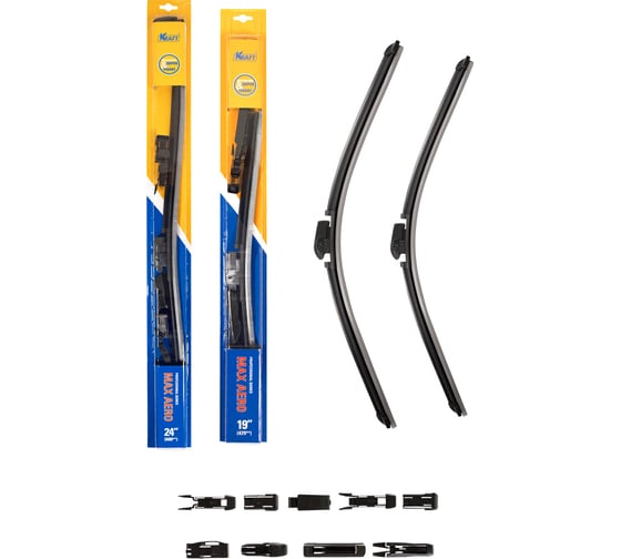 Изображение товара Комплект бескаркасных щеток стеклоочистителя KRAFT 600/475 мм, 10 адаптеров KT 830851