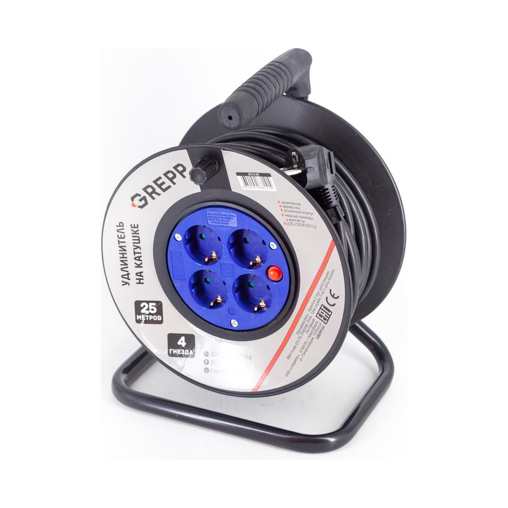 Изображение товара Удлинитель силовой GREPP на катушке с 4 гнездами и выключателем 25м