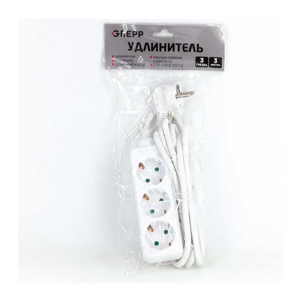 Изображение товара Удлинитель GREPP (3 гнезда, 3м, с заземлением, белый)