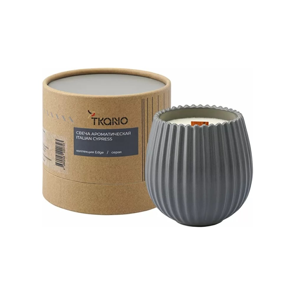 Изображение товара Ароматическая свеча с деревянным фитилём Italian Cypress 60 часов Tkano серый