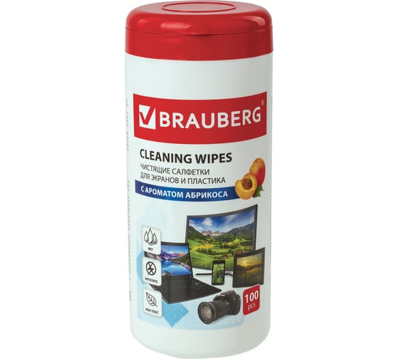 Изображение товара Салфетки для экранов всех типов и пластика BRAUBERG туба, 100 шт, влажные 513321