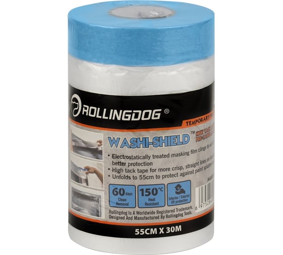 Изображение товара Укрывное полотно на малярной ленте WASHI-SHIELD 30 м x 55 см Rollingdog 81449