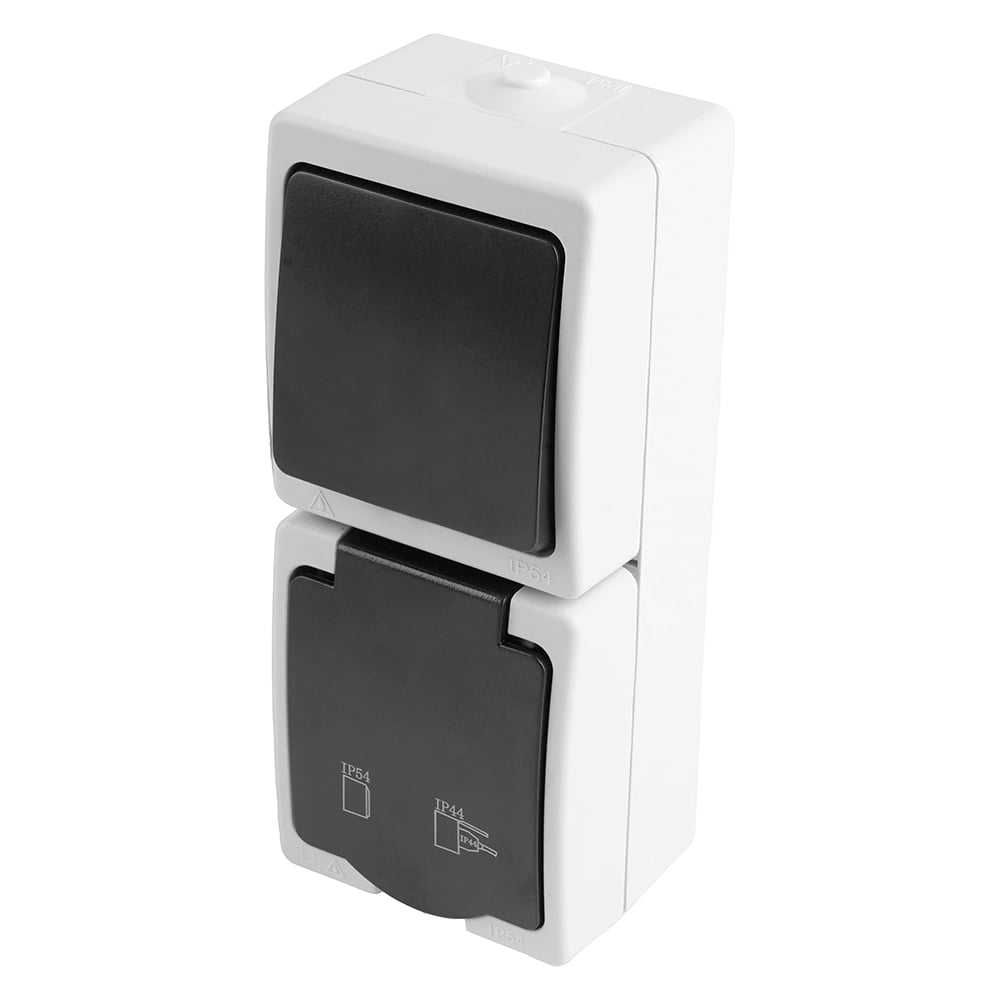 Изображение товара Вертикальный блок розетка и выключатель STEKKER PST16-11-54/10-111-54 серый