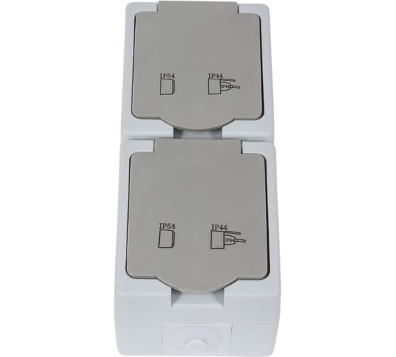 Изображение товара Вертикальная розетка STEKKER 2-местная с крышкой с/з PST16-12-54, пластик АВS, 250В, 16А, IP54, серый/графит, 49724