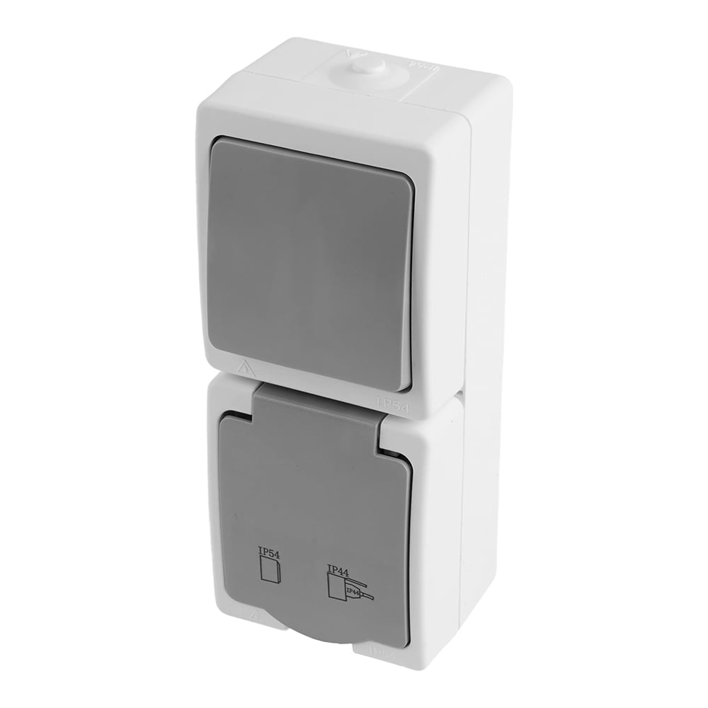 Изображение товара Блок STEKKER розетка 1-местная с выключателем IP54 белый/серый PST16-21-54V/10-211-54