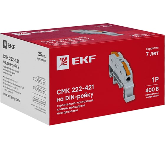 Изображение товара Строительно-монтажная клемма EKF PROxima СМК 222-421, на DIN-рейку, проходная, 1 полюс, 0,08-4мм2 25 шт. plc-smk-421-din