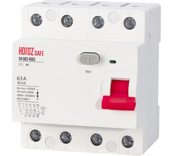 Изображение товара Выключатель остаточного тока Horoz Electric SAFE (RCCB 4P 63) 4P 63A 30mA 400V 114-003-4063 HRZ00002652