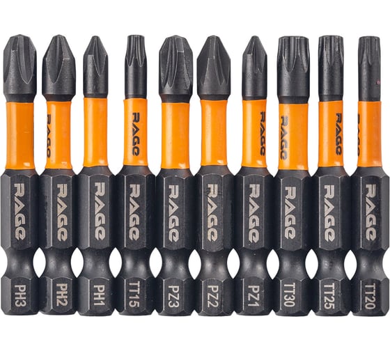 Изображение товара Набор бит для шуруповерта RAGE By VIRA магнитные торсионные IMPACT S2 PH PZ TORX x 50 мм 10 шт 554196