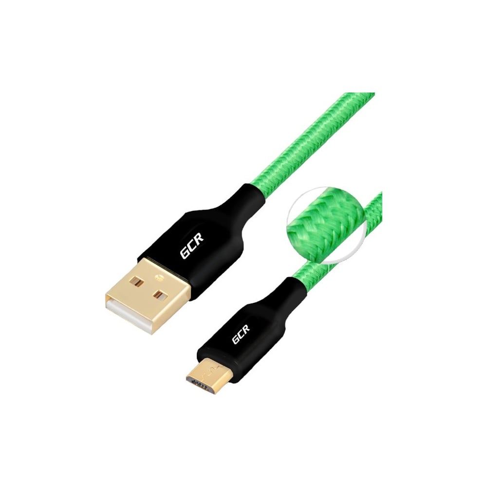 фото Кабель microusb gcr 2,0m gold для samsung оs android зелёный нейлон viv51i100