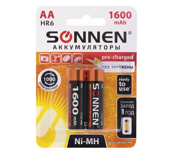 Изображение товара Аккумуляторные батарейки SONNEN АА HR06 Ni-Mh 1600mAh 2шт в блистере 454233