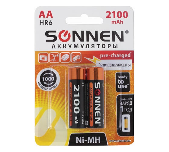 Изображение товара Аккумуляторные батарейки SONNEN АА HR06 Ni-Mh 2100mAh 2шт в блистере 454234