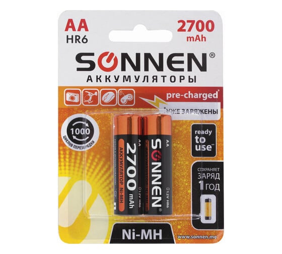 Изображение товара Аккумуляторные батарейки SONNEN АА HR06 Ni-Mh 2700mAh 2шт в блистере 454235