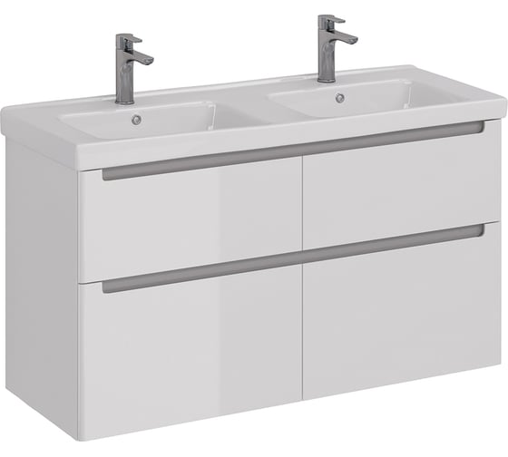 Изображение товара Тумба Lemark BUNO 125 см под 2 раковины, подвесная/напольная, 4 ящика, цвет планки: Серый, цвет корпуса, фасада: Белый глянец LM04B125T