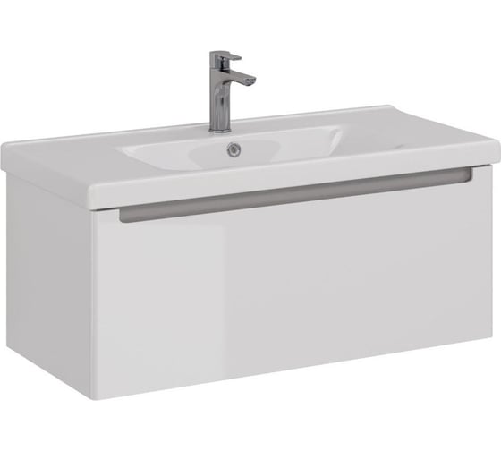 Изображение товара Тумба Lemark BUNO MINI 100 см под 1 раковину, подвесная, 1 ящик, цвет планки: Серый, цвет корпуса, фасада: Белый глянец LM05BM100T