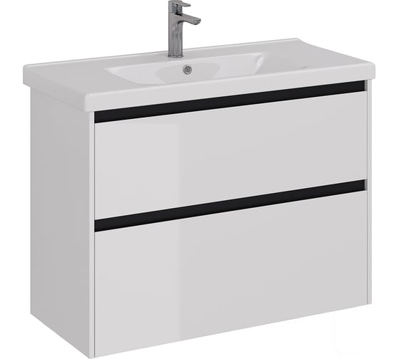 Изображение товара Тумба Lemark COMBI 100 см под 1 раковину, подвесная/напольная, 2 ящика, цвет планки: Чёрный, цвет корпуса, фасада: Белый глянец LM03C100T-black